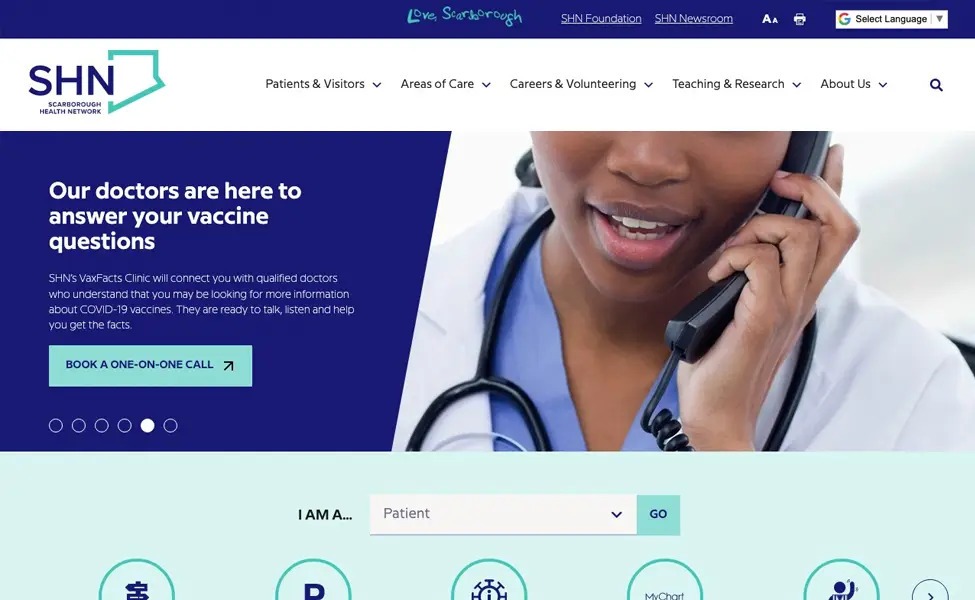 Scarborough Health Network website homepage.