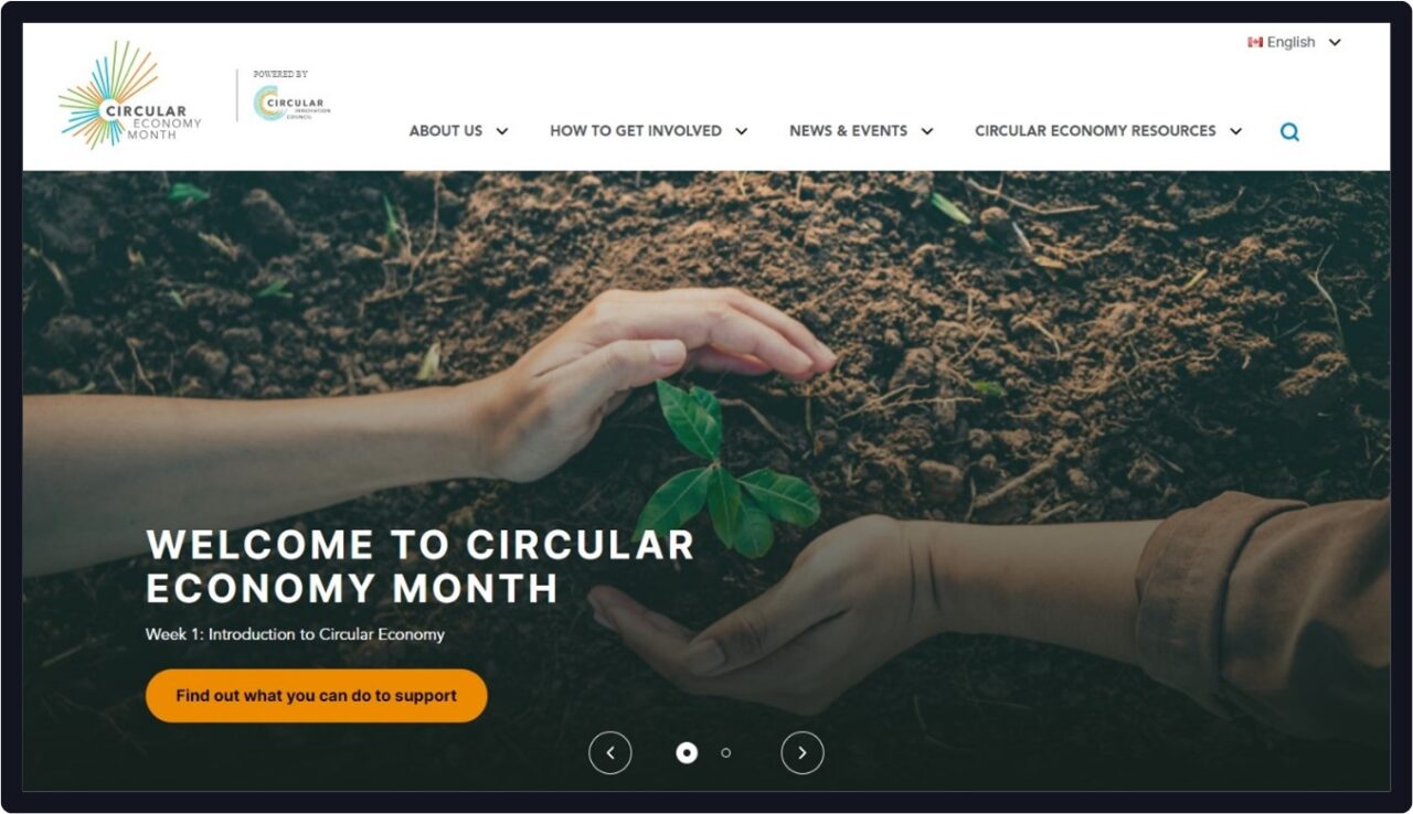 a screenshot of the new CEM website features a large hero banner of an image with two hands planting a sapling. A large orange call to action button sits beneath a 