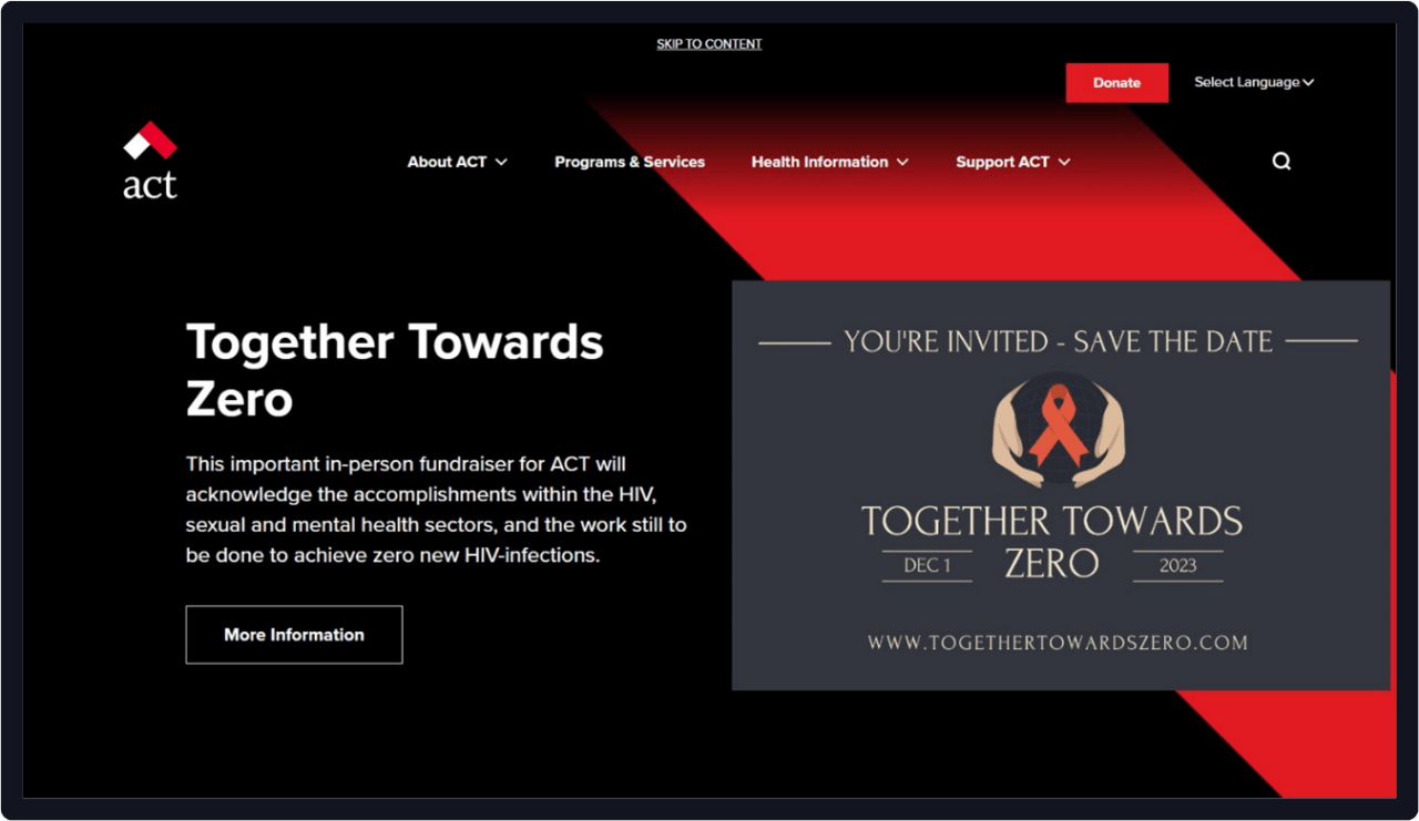 A screenshot of the new ACT home page features a black and red design with large hero banner. Above the banner, primary navigation options with site search bar and a donate button are available.